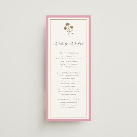 Foil-Pressed Tall Wedding Weekend Itinerary Cards