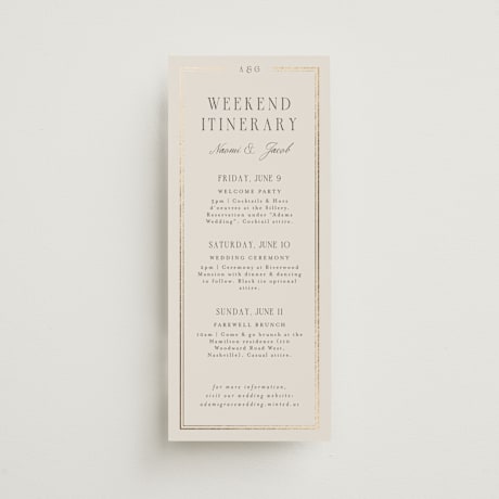 Foil-Pressed Tall Wedding Weekend Itinerary Cards