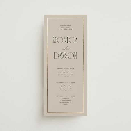 Foil-Pressed Tall Wedding Weekend Itinerary Cards