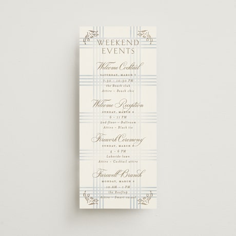 Foil-Pressed Tall Wedding Weekend Itinerary Cards