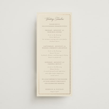 Foil-Pressed Tall Wedding Weekend Itinerary Cards