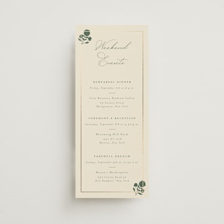 Foil-Pressed Tall Wedding Weekend Itinerary Cards