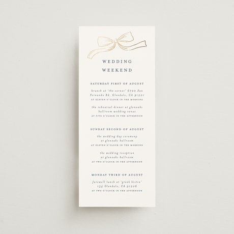 Foil-Pressed Tall Wedding Weekend Itinerary Cards
