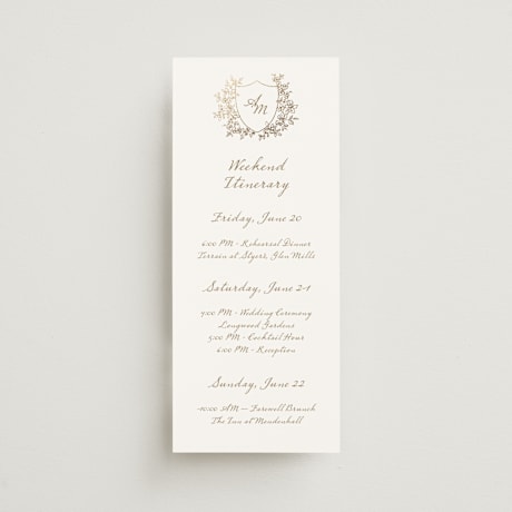 Foil-Pressed Tall Wedding Weekend Itinerary Cards
