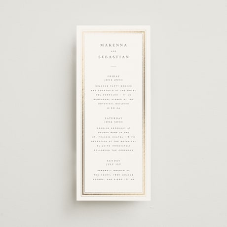 Foil-Pressed Tall Wedding Weekend Itinerary Cards