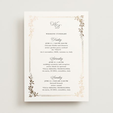 Foil-Pressed Wedding Weekend Itinerary Cards