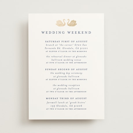Foil-Pressed Wedding Weekend Itinerary Cards
