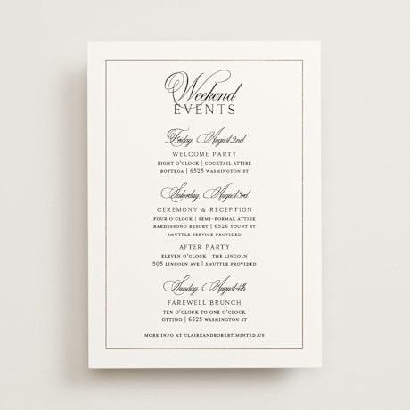 Foil-Pressed Wedding Weekend Itinerary Cards