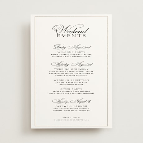 Foil-Pressed Tall Wedding Weekend Itinerary Cards