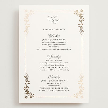 Foil-Pressed Grand Wedding Weekend Itinerary Cards