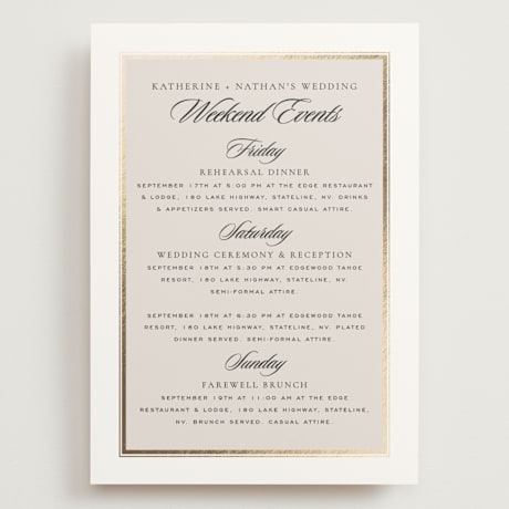 Foil-Pressed Grand Wedding Weekend Itinerary Cards