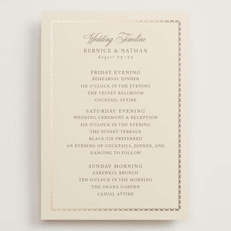 Foil-Pressed Grand Wedding Weekend Itinerary Cards
