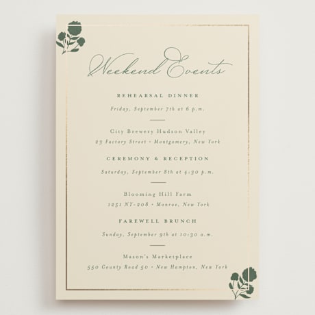 Foil-Pressed Grand Wedding Weekend Itinerary Cards