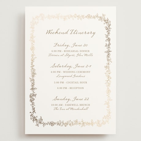 Foil-Pressed Grand Wedding Weekend Itinerary Cards