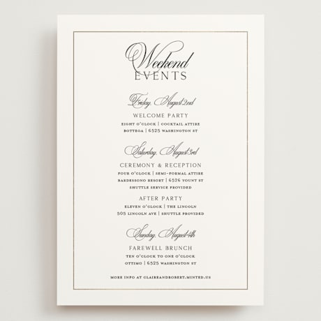 Foil-Pressed Grand Wedding Weekend Itinerary Cards