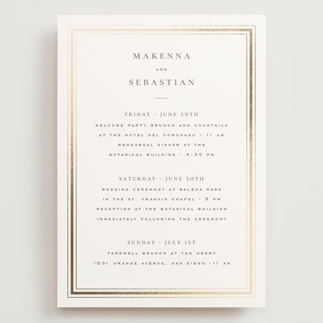 Foil-Pressed Grand Wedding Weekend Itinerary Cards
