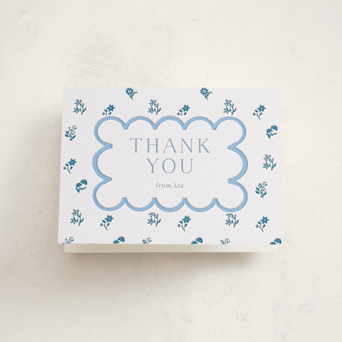 This is a sky blue baby shower thank you cards with letterpress by Hannah Bowman called petite jolie printing on coventry320 in standard