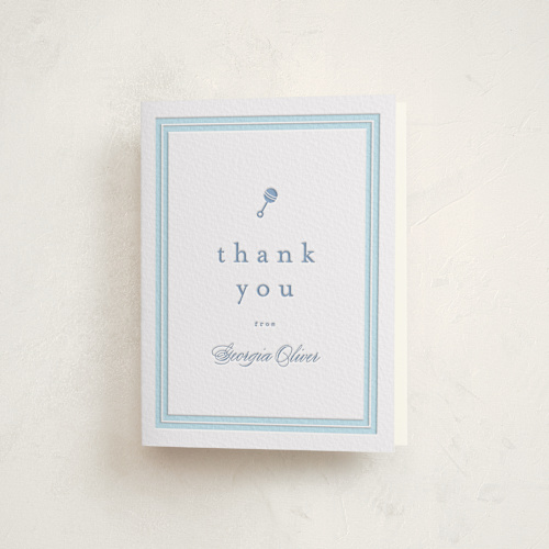 This is a provincial blue baby shower thank you cards with letterpress by Carolyn MacLaren called classic start printing on coventry320 in standard