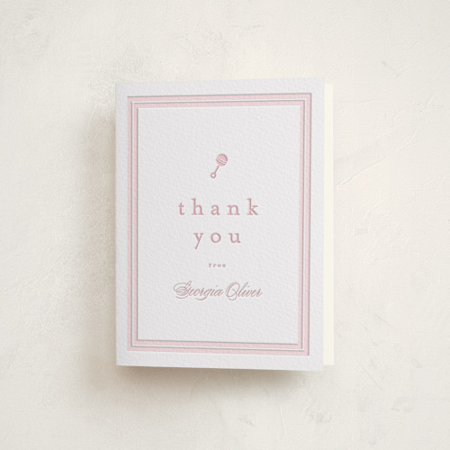 This is a classic pink baby shower thank you cards with letterpress by Carolyn MacLaren called classic start printing on coventry320 in standard