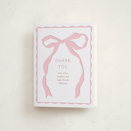 This is a classic pink baby shower thank you cards with letterpress by Baumbirdy called fframed bow printing on coventry320 in standard