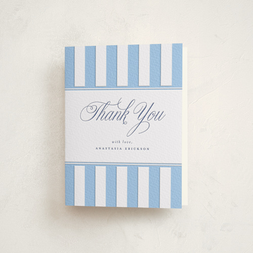This is a sky blue baby shower thank you cards with letterpress by Stephanie Hawkes called on board printing on coventry320 in standard