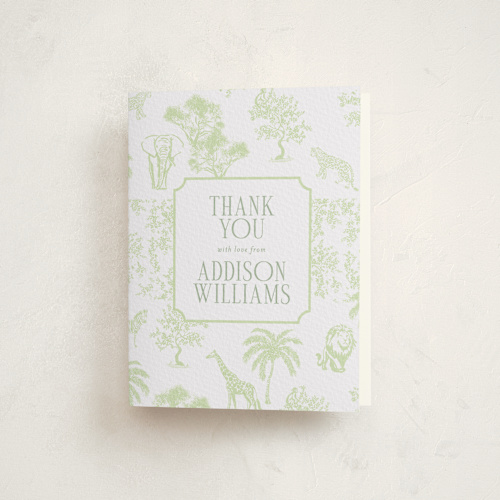 This is a mint baby shower thank you cards with letterpress by Jenna Holcomb called safari toile printing on coventry320 in standard