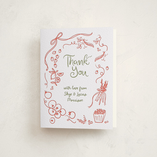 This is a pistachio baby shower thank you cards with letterpress by Jenna Holcomb called locally grown sketch printing on coventry320 in standard