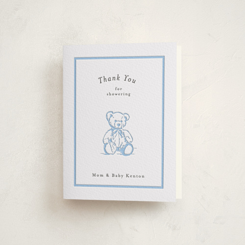This is a sky blue baby shower thank you cards with letterpress by Becky Nimoy called antique teddy bear printing on coventry320 in standard