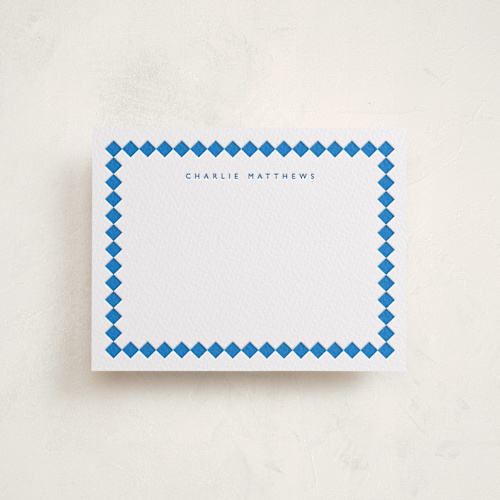 This is a sapphire personalized stationery thank you cards with letterpress by Pippa Shaw called azulejo printing on coventry320 in standard