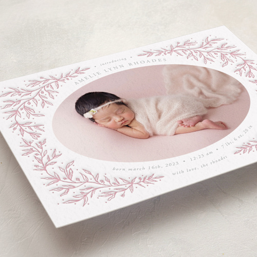 This is a blush letterpress birth announcements with letterpress by ASQ Studio called delicate dream printing on bright white letterpress paper in standard