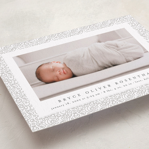 This is a moon letterpress birth announcements with letterpress by Erica Krystek called charming trim printing on bright white letterpress paper in standard