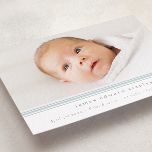 This is a sage letterpress birth announcements with letterpress by Sara Hicks Malone called simple stripe printing on bright white letterpress paper in standard