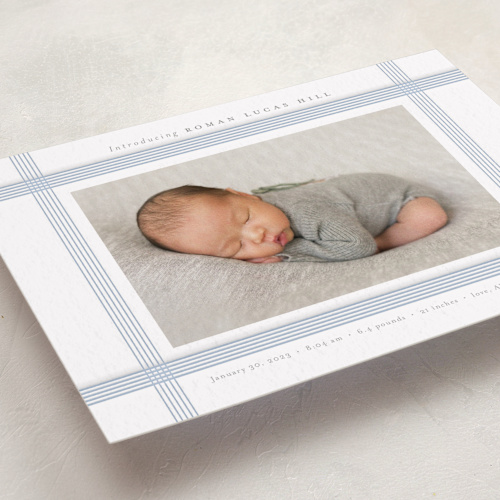 This is a sky letterpress birth announcements with letterpress by Nicoletta Savod called mint printing on bright white letterpress paper in standard