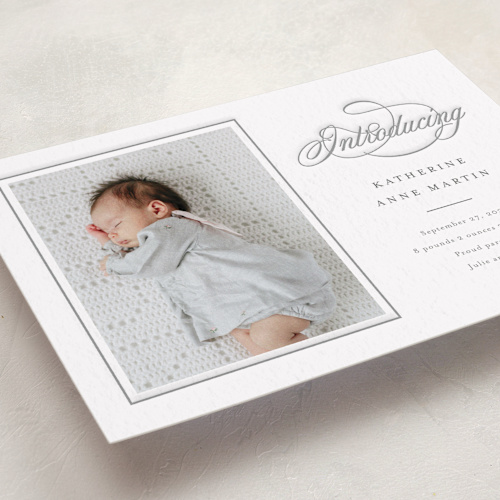 This is a moon letterpress birth announcements with letterpress by Carolyn MacLaren called sweet traditions printing on bright white letterpress paper in standard