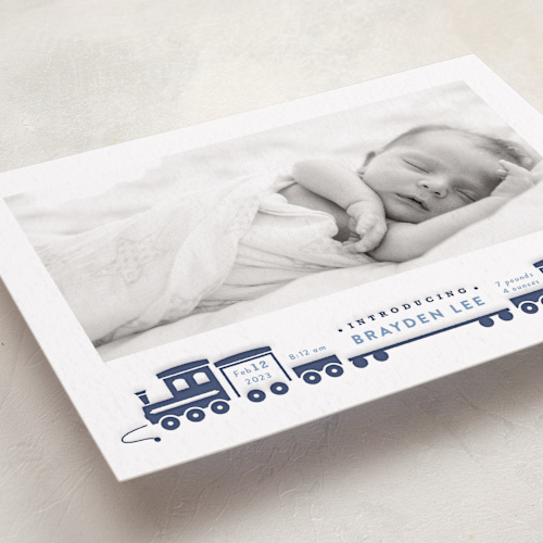 This is a royal letterpress birth announcements with letterpress by Rebecca Durflinger called welcome aboard! printing on bright white letterpress paper in standard
