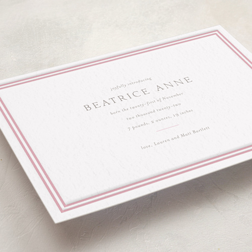 This is a peony letterpress birth announcements with letterpress by Megan Davis called frolic printing on bright white letterpress paper in standard