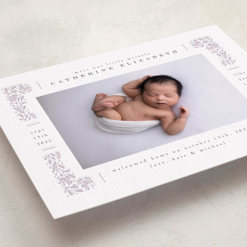 This is a periwinkle letterpress birth announcements with letterpress by Ana de Sousa called sweet border printing on bright white letterpress paper in standard