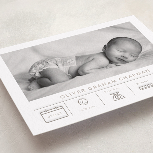 This is a dove letterpress birth announcements with letterpress by Alexandra Cohn called iconic introduction printing on bright white letterpress paper in standard