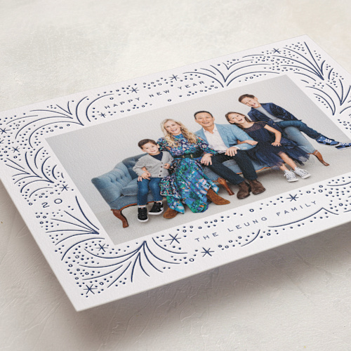 This is a denim letterpress holiday cards with letterpress by Alethea and Ruth called abstract firecracker printing on bright white letterpress paper in standard