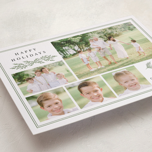 This is a pine letterpress holiday cards with letterpress by Amy Kross called merry motif printing on bright white letterpress paper in standard