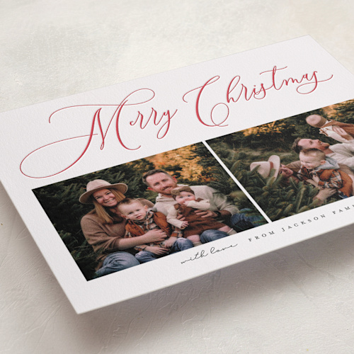 This is a crimson letterpress holiday cards with letterpress by Vera Lim called simply elegant printing on bright white letterpress paper in standard