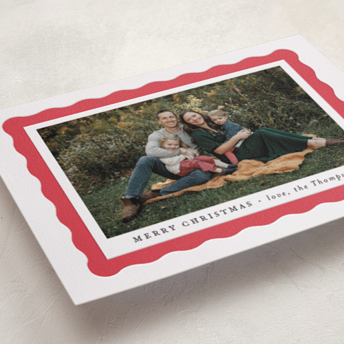 This is a crimson letterpress holiday cards with letterpress by Sara Hicks Malone called scallop edge printing on bright white letterpress paper in standard