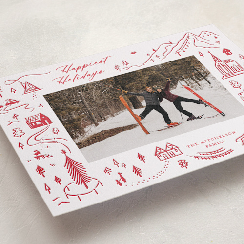 This is a crimson letterpress holiday cards with letterpress by Kayla King called ski town printing on bright white letterpress paper in standard