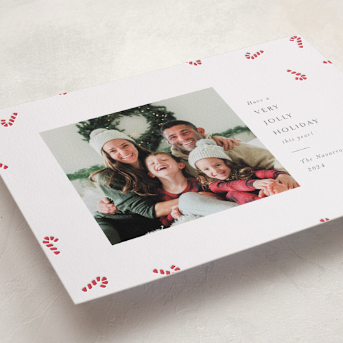 This is a candy cane letterpress holiday cards with letterpress by Meggy Masters called candy cane toss printing on bright white letterpress paper in standard