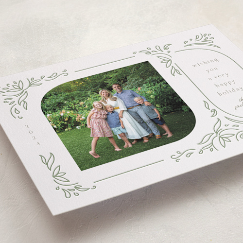 This is a sage letterpress holiday cards with letterpress by Katie Zimpel called dainty retro botanicals printing on bright white letterpress paper in standard
