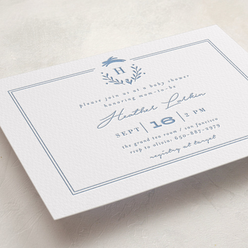 This is a classic baby monogram baby shower invitations with letterpress by Susan Brown called classic baby monogram printing on somerset500 in standard