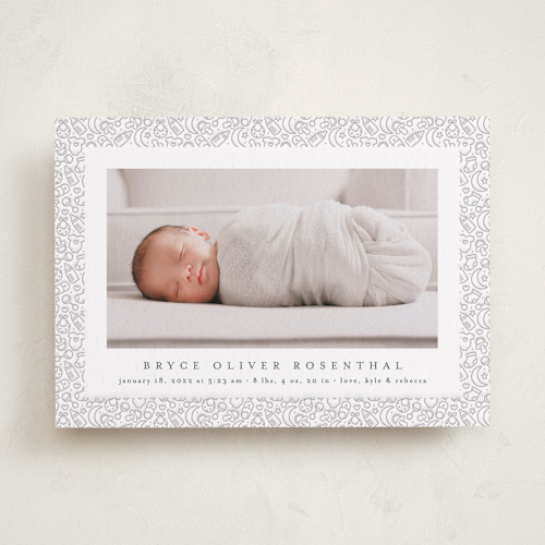 This is a moon letterpress birth announcements with letterpress by Erica Krystek called charming trim printing on bright white letterpress paper in standard