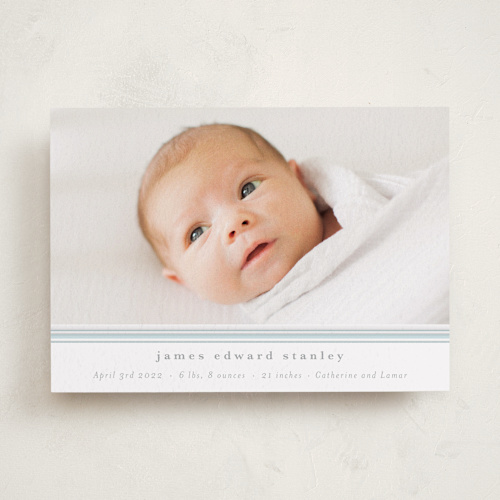 This is a sage letterpress birth announcements with letterpress by Sara Hicks Malone called simple stripe printing on bright white letterpress paper in standard