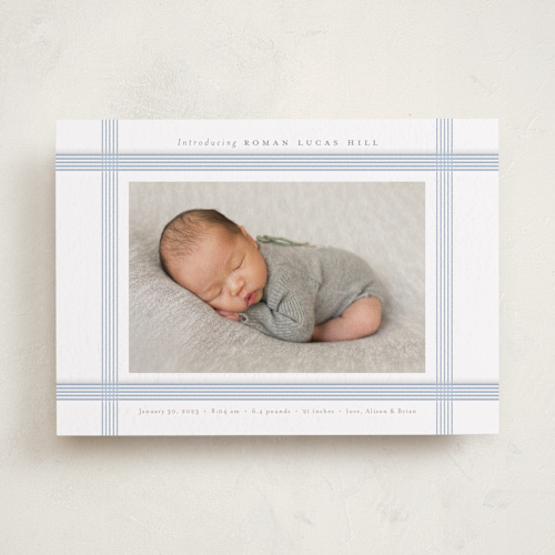 This is a sky letterpress birth announcements with letterpress by Nicoletta Savod called mint printing on bright white letterpress paper in standard