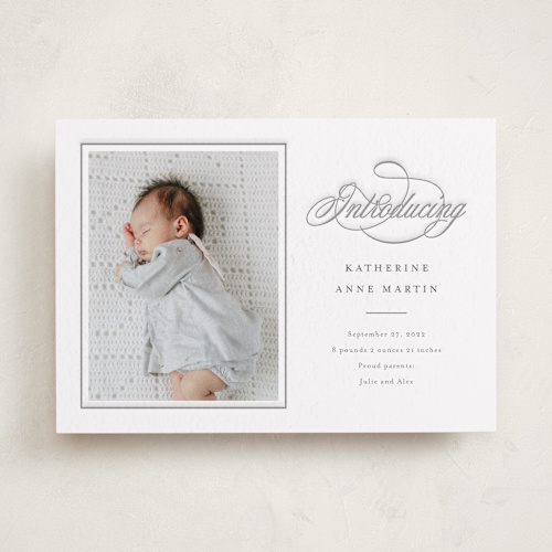 This is a moon letterpress birth announcements with letterpress by Carolyn MacLaren called sweet traditions printing on bright white letterpress paper in standard